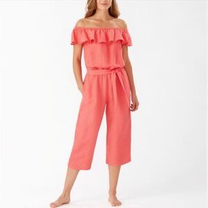 Tommy Bahama Linen Blend Dye Cropped Coral Jumpsuit Pantsuit NEW L